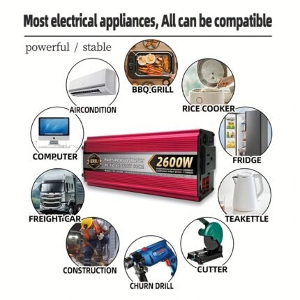 IERBJ 2600W Pure Sine Wave Inverter, Converts 12V DC to 110V AC, Suitable for Homes, RVs, Trucks, Power Outages, Outdoor Activities, And Off-grid Solar Power Systems. AC Hardwiring Connections.