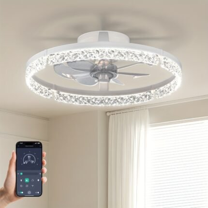 Modern 20" Low Profile Ceiling Fan with Light & Remote - Fandelier Flush Mount, Stepless Dimmable 3000K-6000K LED, for Bedroom, Living Room, Kitchen