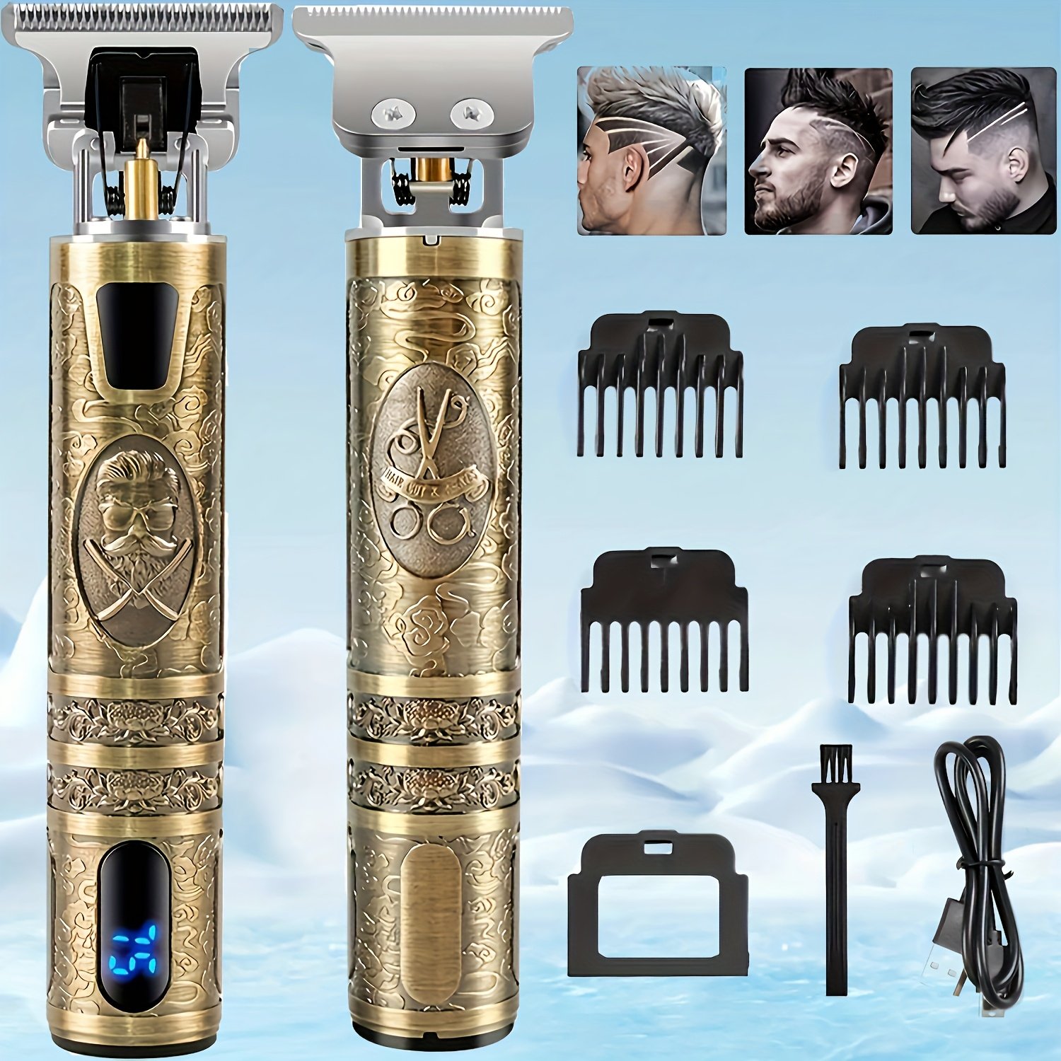 449ad096-d963-4552-8dd2-bd722b21d490.jpg Men's Cordless Electric Hair Clipper & Beard Trimmer Set with LED Display, USB-C Fast Charging, Wireless Long Hair Trimmer, 4-in-1 Attachments (Combs & Charging Cable) - Heavy-Duty Ergonomic Design, USB-Powered Precision Grooming Kit for Men, Ideal Holiday Gift - Vintage Golden & Black Stylish Design, USB, Includes Beard & Hair Trimmer, USB-C Charging, Long Hair Trimmer, Barber Trimmers, Mens Beard Grooming Kit, Beard Trimming Kit, Barber Kits, Barber Tools - Image 1