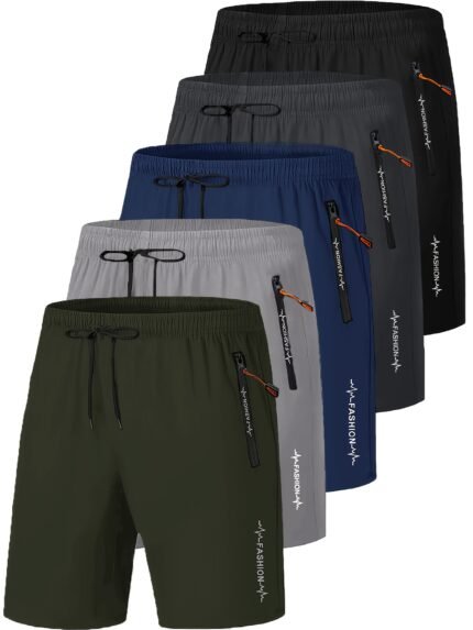 Men'S 5 Pack Casual Workout Shorts with Zipper Pocket - Lightweight, Drawstring Waist, Solid Color, Regular Fit for Gym, Training, and Athletic Sports, Workout Shorts