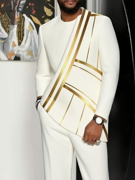 Men'S Elegant Black & Golden Casual Long Sleeve Pants Set - Round Neck Winter Warmth with Digital Print, Regular Fit Trousers with Pockets | Versatile for Formal & Casual Attire | Durable Comfortable Fabric for Autumn/Winter | Easy-Care Modern Men'S Clothing