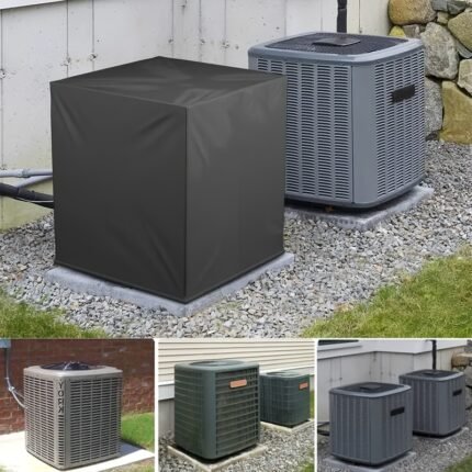 A Robust Outdoor Air Conditioning Cover Made of Durable Polyester, Featuring Ring Fastenings And Designed for Year-Round Use, It Includes Four Corner Straps And Offers a Contemporary Look, Ensuring a Sturdy Construction