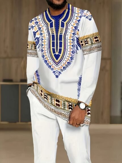The New Products in 2025, a Two-Piece Set of Men'S Ethnic-Style Long-Sleeved T-Shirts And Long Pants, The White Suit Is Integrated with Blue And Golden Ethnic Pattern Designs, Which Is Suitable for Daily Outings And Casual Wear