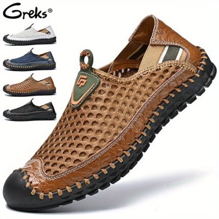 GREKS Men's Mesh Breathable Slip-On Loafers - Lightweight Walking & Hiking Casual Shoes with Stitching Honeycomb Design (Water-Friendly)