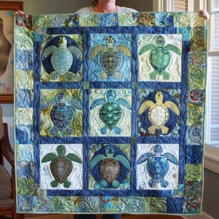 Cozy Turtle Patchwork Flannel Blanket – Soft, Warm, and Vibrant with Unique Quilted Designs in Blue, Green, Yellow, and White – Perfect for All Seasons, Retro Style, Mixed Colors, Turtle Decor