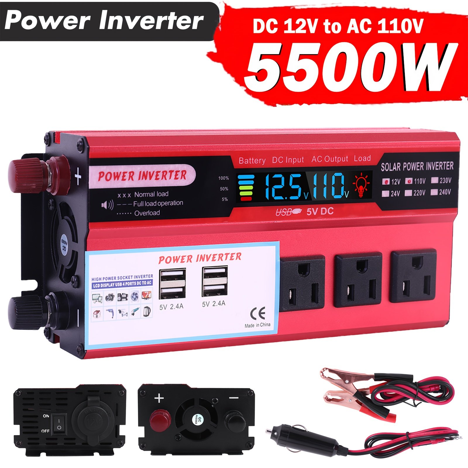468c25e1-3aec-41b5-9003-fd830200fb31.jpg 4000W/5000W/6000W/16000W High Power Car Power Inverter, DC 12V To AC 110V Converter, With USB Ports And US Standard Sockets, Cooling Fan & Overload Protection, Portable Inverter For Road Trips, Vacations, Outdoors, Emergency Kits - Image 1
