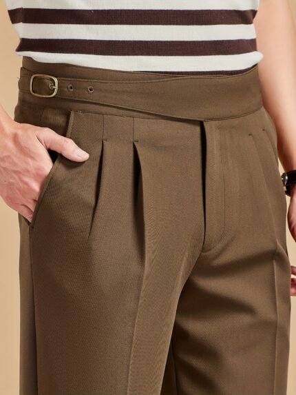 Men'S Versatile High-Waist Italian Style Suit Pants - No Ironing, Double Belt Adjustment, Solid Color, All-Season Wear, Regular Fit with Button Detail, Business Casual Wear|Sleek Black Pants|Polyester Fabric