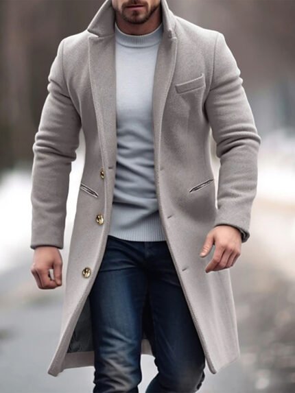 Men's Mid-Length Lapel Coat - 95% Polyester 5% Cotton Blend, PU-Coated Windbreaker Jacket with Chest Pockets, Casual Regular Fit Solid Color Outerwear for Autumn Winter