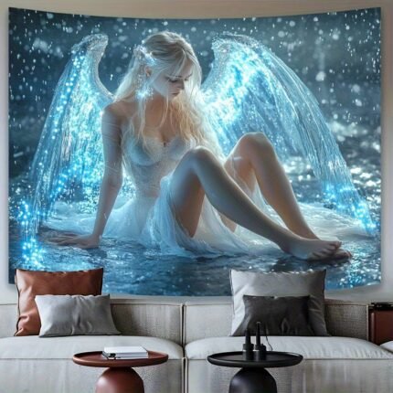 1pc Glam Angel in Water Backdrop Cloth - Polyester, No Feathers, Electricity-Free, Perfect for Living Room, Bedroom, Office, Party Decor, Creative Gift Idea, Elegant Blue & White Design, Versatile Wall Decor | Ethereal Angel Design | Soft Texture Fabri