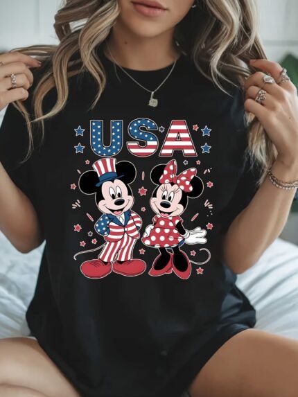 Women'S Disney Mickey And Minnie Printed T-Shirts, Disney Cute Cartoon Pattern T-Shirts, Spring And Summer 100% Machine Washable Round Neck Mother'S Day Gift Clothing