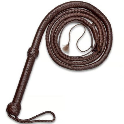 8' Handcrafted Dark Brown Leather Bull Whip, Woven Premium Leather Construction for Strength and Flexibility, Traditional Age-Old Leather Crafting Method, Durable and Functional Design with Tightly Braided Body, Comfortable Handle with Secure Wrist Strap for Better Control, Ideal for Outdoor Training, Target Practice, Costume Accessories, Equestrian Use, Collection Display, and Western-Themed Events