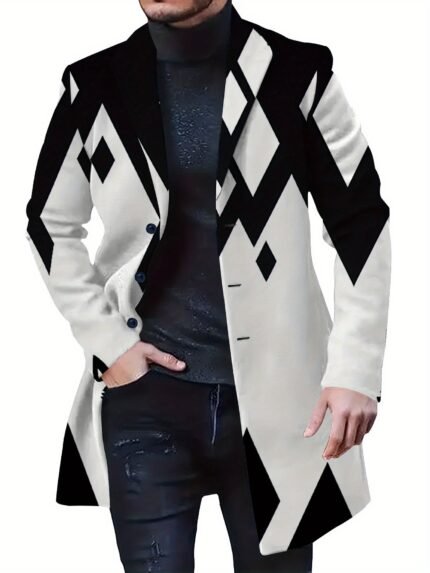 Men'S Plus Size Tweed Blazer with Bold Black & White Geometric Fox Print - Stylish Lapel Collar, Button-Up Front, Pockets, Regular Fit for Fall/Winter Casual Streetwear, Winter Outerwear, Bold Pattern Blazer, Quality Tailoring