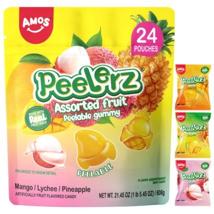 24 Packs (608g) Amos Peelerz Assorted Peelable Gummy, Tropical Peeling Candy Variety Pack, Mango, Lychee & Pineapple, Individual Packs, Fun, Chewy & Shareable Treat
