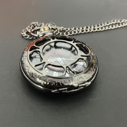 TOOP Brand Vintage Hollow Carved Pocket Watch, Funky Black Dial, Quartz Movement, Electronic Drive, Non-Waterproof, Alloy Case & Strap, for Ages 15+