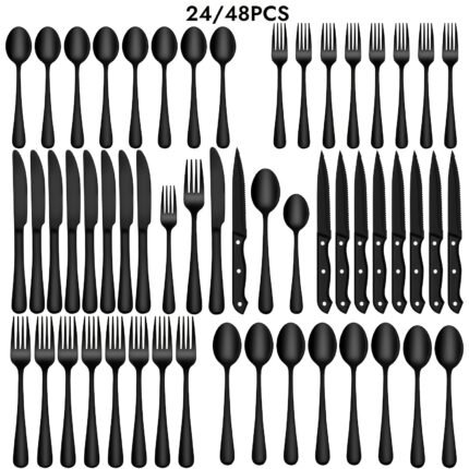 24/48pcs Black Silverware Set With Steak Knives Service For 4/8, Halloween Stainless Steel Flatware Set, Mirror Polished Kitchen Accessories, Home Kitchen Eating Tableware Set, Include Fork Knife Spoon Set, Dishwasher Safe (Silver, Black)
