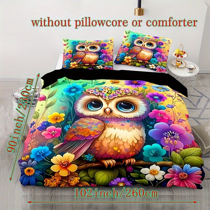 4a5046fc-83bb-426d-aa90-a24b18c3d169.jpg Vibrant Colorful Owl Flower Animal Print Duvet Cover Set - Ultra-Soft, Breathable, and Comfortable Polyester Fabric, Machine Washable, Shrink-Resistant, and All-Season with Zipper Closure - Includes 1 Duvet Cover and 1/2 Pillowcases (No Insert), Digital Printed with Sanded Craftsmanship for a Luxurious Feel - Image 1