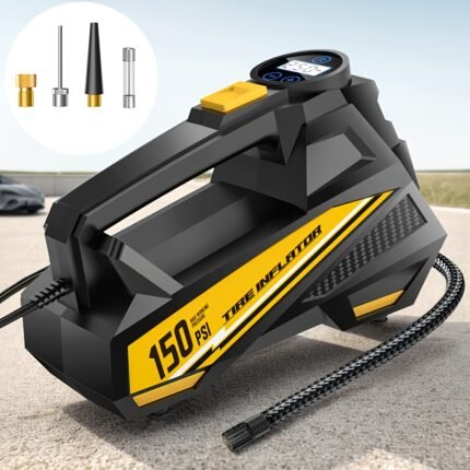 CaRSun Digital Tire Inflator, Portable Air Compressor Pump with LED Light for Cars, Motorcycles, Bicycles-DC 12V, 150 PSI Black & Yellow Design, Plug-In Power Supply, No Battery Required, Bicycle Tire Inflator |Digital Display, High-Pressure Inflator, Air Pump For Car Tires, Tire Pump, Air Compressor For Car Tires, Motorcycle Inflator, Emergency Car Tool, Compact Design, Durable Build, Sturdy Construction, Precision Engineering, Vehicle Maintenance, Road Trip Essentials