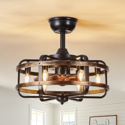 Caged Farmhouse Ceiling Fans With Lights, 18 Inch Flush Mount Vintage Rustic Fndeliers Ceiling Fan Bedroom 6 Light E12 Bulb Base