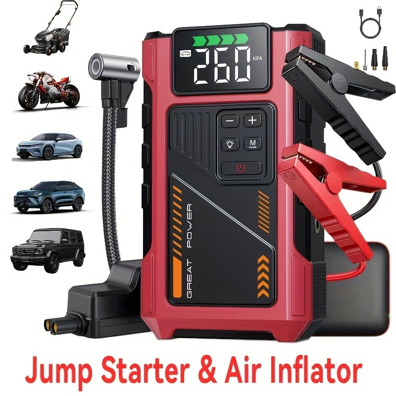 4c1449cd-b3a4-4d36-a6c7-dfc71b61bb1a.jpg 4000A Portable Car Jump Starter with Air Compressor, Suitable for 12V(2.11gal Gas, 1.72gal Diesel) Jump Starter Battery PackWith150 PSl Tire Inflator, 12V Car Battery Jump Power with LED Light, Car Accessories Tools, Car Emergency Kits, Jump Starters - Image 1