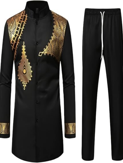 Men'S Traditional African Button-Up Long Sleeve Dashiki Shirt and Pants Set - Black with Golden Geometric Pattern, Stand Collar, Regular Fit, All-Season Wear, Perfect for Parties, Weddings, and Casual Outings, Casual Attire|Geometric Pattern Shirt|Washable Fabric