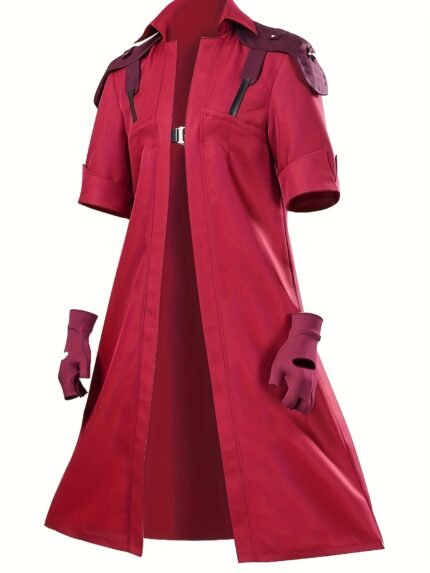 Men's Vibrant Red Hooded Jacket with Pockets And Gloves, Devil Crying Dante Cosplay Costume, Dress for Themed Parties And Performances, Smooth Fabric, Cosplay Sweatshirt, Exclusive for Cosplay Enthusiasts.
