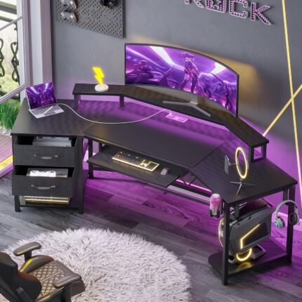 79 Inch Gaming Desk with LED Lights & Power Outlets, Computer Desk with 2 Fabric Drawers, Open Shelves, Cpu Stand, Cup Holder, Headphones Hooks and Keyboard Tray, Modern Corner Desk PC Workstation For Bedroom, Black Carbon Fiber Desk for Gaming Room