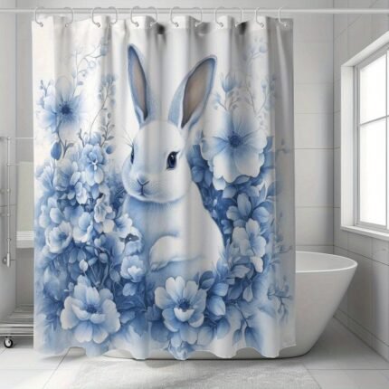 1pc Easter Bunny & Flowers Print Shower Curtain - Machine Washable Polyester, 70.9"x70.9", Includes 12 Hooks, Ideal for Easter Home and Bathroom Decor, Perfect Holiday Gift