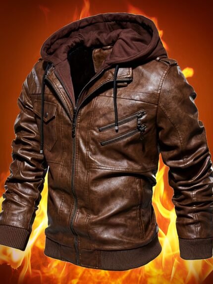 Men's Stylish Faux-Leather Motorcycle Jacket - Casual Hooded Outerwear with Zip Closure, Machine Washable