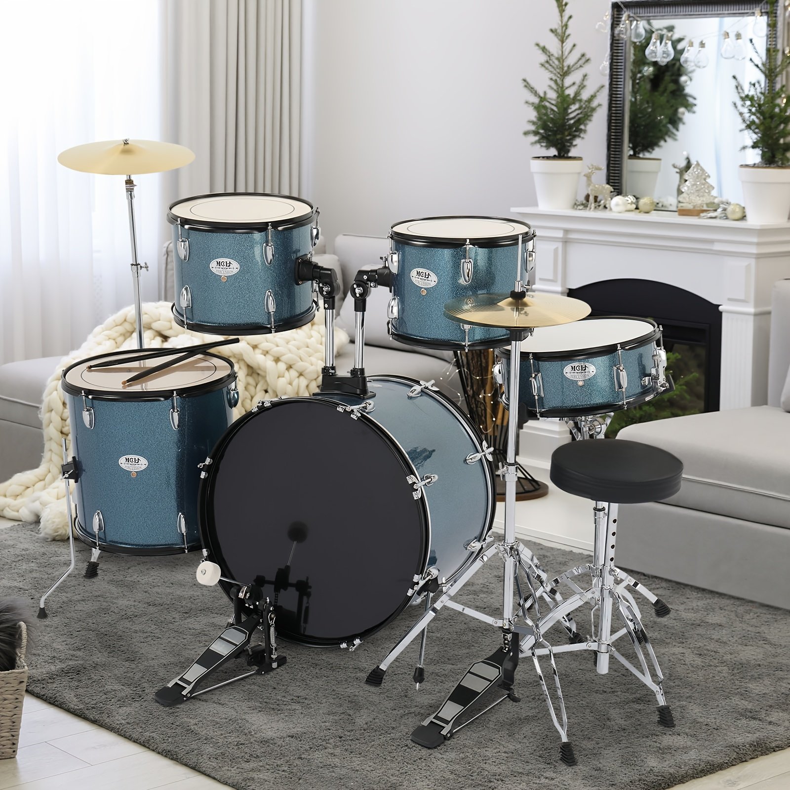 4ebfd362-8763-4b30-a8b1-595613ac7858.jpg Full Size Adult Drum Set 5pcs Black with Bass Drum, Two Tom Drum, Snare Drum, Floor Tom, 16" Ride Cymbal, 14" Hi-Hat Cymbals, Stool, Drum Pedal, Sticks, Drum Set for Adults, Music Equipment - Image 1