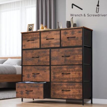 Idle Way Office Dresser With 9 Drawer, Dresser With Metal Frame And Wooden Tabletop, Clothing Drawer Fabric Wardrobe Organizer, Living Room, Office, Entryway Storage Tower, Free Wrench And Screwdriver