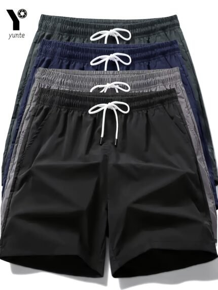 4-color Pack Black-Grey-Navy- Army Green Men's Casual Loose Sports Quick-drying Shorts, Elastic Waistband and Belt Fitness Training Shorts with Pockets Men's Lightweight Sports Running Shorts