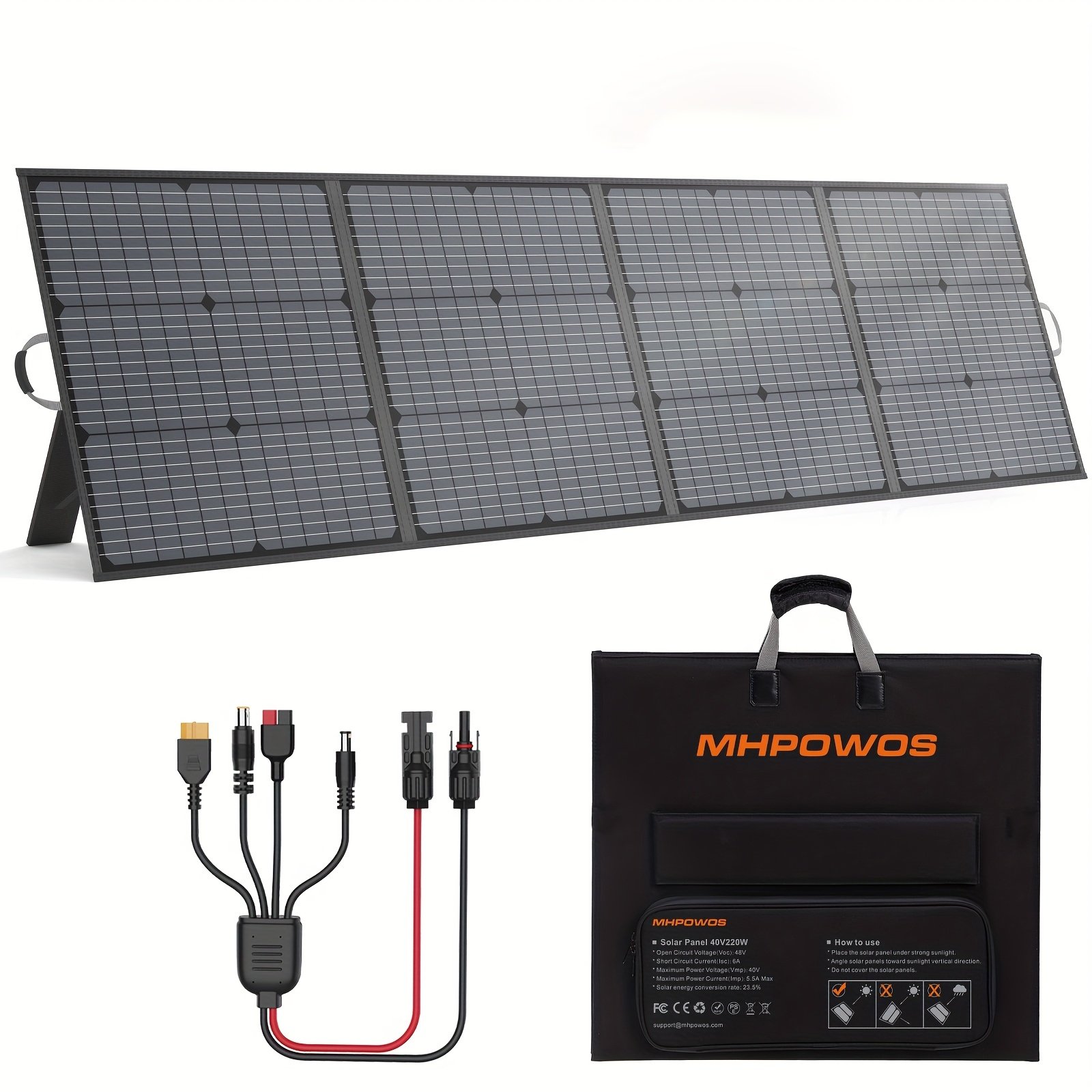 4f6b16c6-ca05-4bc9-9d20-d79115141564.jpg MHPOWOS 220W Portable Solar Panel for Power Stations, High-Efficiency 40V Foldable Design with 4 Kickstands & Solar Cable, 23.5% Efficiency, Ideal for Camping, RVs, and Outdoor Power Systems - Black - Image 1