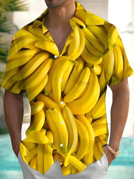 Men'S Hawaiian Banana Print Shirt - Tropical Banana Design Button-Up Beach Shirt, Lightweight Non-Stretch Fabric for Summer Vacation, Casual Outfits - Hawaiian Party Attire - Easy-Care Button Front Placket - Adult Men'S Clothing, Hawaiian Shirt, Vacation Outfit, Playful Design, Breathable Material, Short Sleeve Top, Vacation Wardrobe, Summer Fashion, Fun Pattern, Durable Construction, Print Top, Vacation Clothing, Hawaiian Shirt Men, Banana, Button Shirt For Men High Quality Design