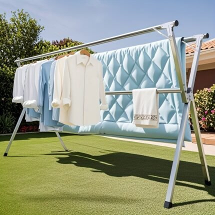 1 Foldable Metal Clothes Rack With Adjustable Three Bars, Saving Space For Storage, Suitable For Indoor And Outdoor Use, Used For Clothes, Blankets, And Bedding, Clothes Rack, Mother'S Day, Drying Racks