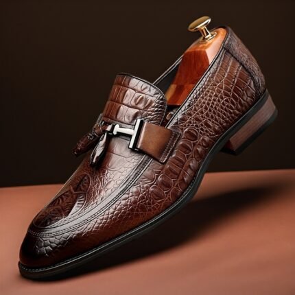 Men's Luxury Top Layer Cowhide Dress Shoes - Elegant Square Toe Slip-On Loafers with Crocodile Texture, Wooden Heel & Metallic Buckle Detail for Weddings, Business Events & Office Wear