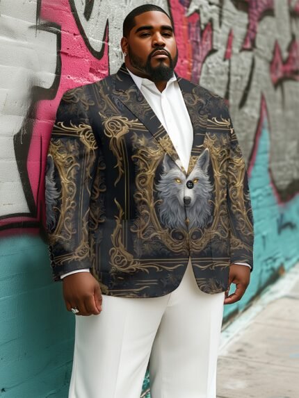Men's Plus Size Fashion Blazer, 100% Polyester Non-Stretch Fabric, All-Over Print with Noble White Malevolent Golden Eyes Wolf Head Portrait, Lapel Collar, Regular Fit for Casual Parties and Business Wear, Casual Party Wear | Graphic Suit Jacket | Polyester Fiber Jacket, PLUS SIZE