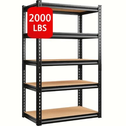 REIBII 2000LBS Garage Shelving Storage Shelves Heavy Duty 5-tier Metal Shelving Units For Garage Shelves 60" H X 28" W X 12" D, Adjustable Utility Shelf Rack For Kitchen Warehouse Basement Pantry Utility Rack Shelf, Black, Standing Shelf