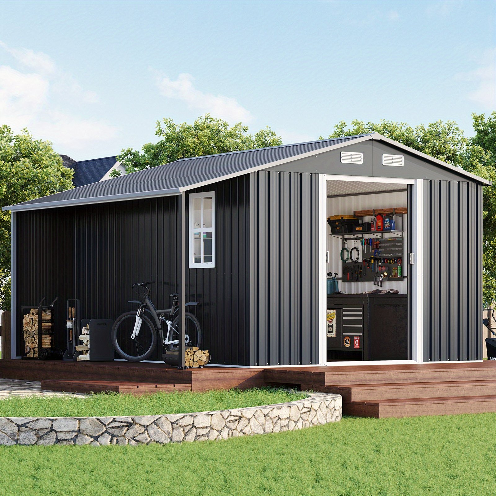 50d7d5cf2a2d4c5da676c9f3f7756c32-goods.jpeg PAPABABE 10.6x10.3x6.3 FT Outdoor Storage Shed with Sliding Doors and Two 4-Pane Windows - Open Design for Wood and Equipment Storage - Image 1