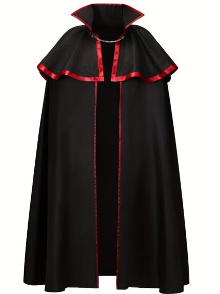 Halloween Royal Costume with Plush Shoulders - Medieval European Style Hooded Cape, Black & Red Beaded Chain, Loose Fit Performance Outfit for Men and Women, Halloween Costumes