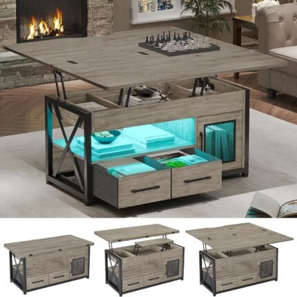 40" Lift Top Coffee Table, 4 in 1 Coffee Tables with Storage Cabinet for Living Room, Small Farmhouse Coffee Table with 2 Fabric Drawers & LED Light for Dining Room