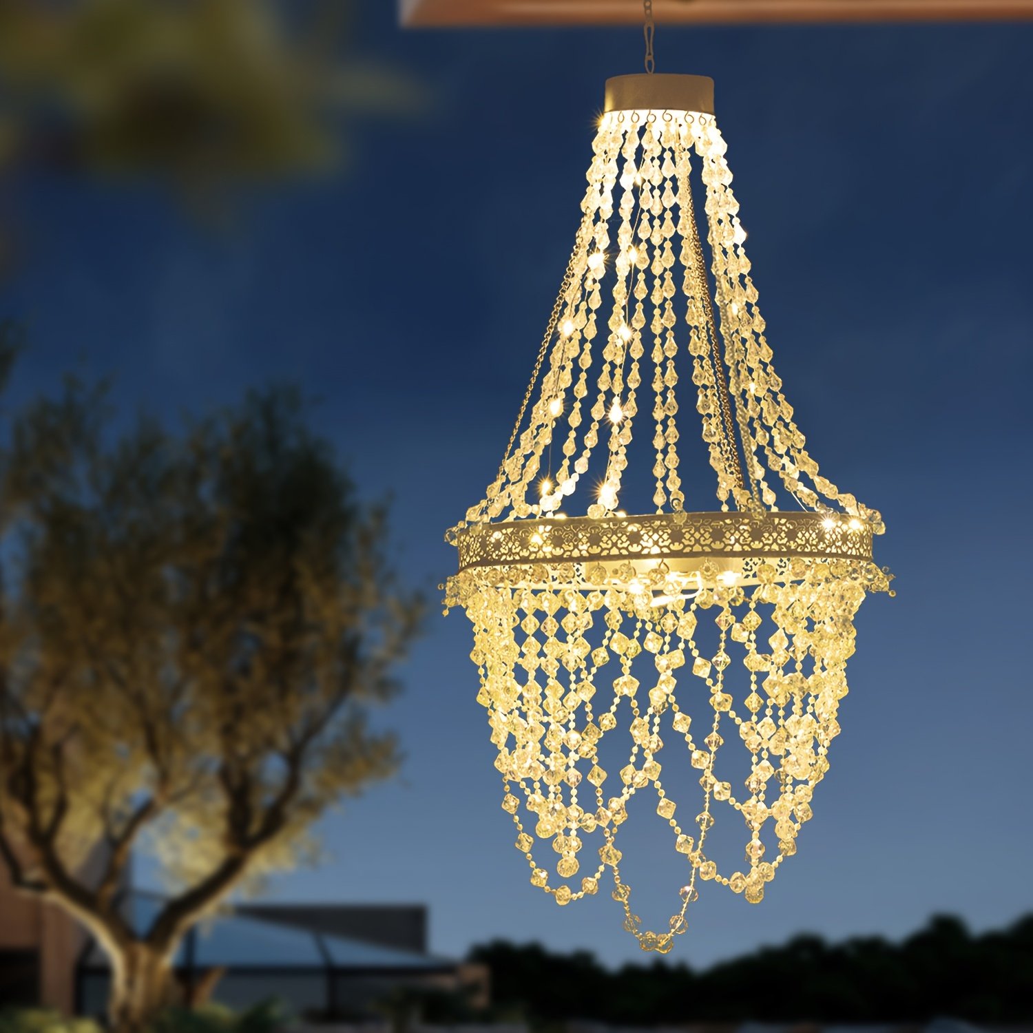 51439116-0c5a-4653-82ea-f69bd48ec688.jpg Solar Hanging Crystal Chandelier Outdoor Garden Decorative Lights Powerful Lithium Battery 54 Warm White LEDs Waterproof Hanging Lantern For Garden, Yard, Patio, Gazebo, Party, Wedding - Image 1