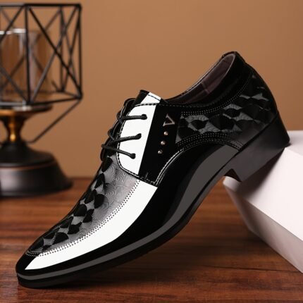 Men's Business Casual Dress Shoes - Glossy Black Patent Lace-Up Low-Top Sharp Toe Formal & Wedding Shoes, Comfortable PU Upper & Rubber Sole, All-Season Versatile for Office, Daily Wear (Extended Sizes Available), Shoes for Wedding, Office Footwear, Sleek Shoe Design