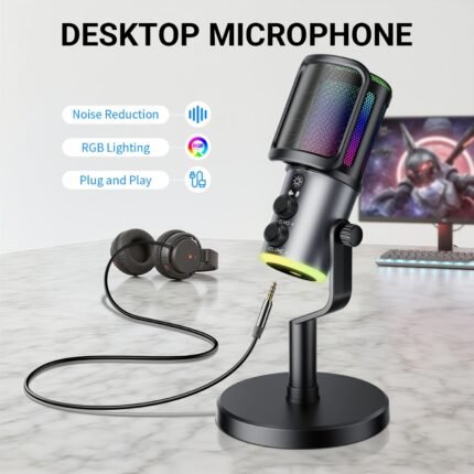RIKSOIN USB Condenser Gaming Microphone with RGB Lighting, Mute Button, Headphone Jack, Desktop Stand, Pop Filter, Rotating Gain Knob - Ideal for Streaming, Podcasting, and Video Conferencing, Podcasting Equipment | RGB Lighting Microphone | Adjustable Gain Control, Microphone for Pc