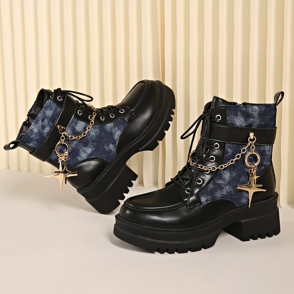 52d0d1738db548d4a3dd72aa428f98d2-goods.jpeg Women'S Punk Gothic Boots - Chunky Platform Heels with Side Zipper Closure, Lace-like Chain Accents - Slip-Resistant Rubber Sole - Edgy Party & Everyday Boots for Women - Winter Boots with Easy On/Off Zipper Closure, High Heel Boots, Metallic Chain Detail, Durable Construction, Fashion Enthusiasts, Streetwear Style, Sturdy Construction, Fashionforward Women - Image 1