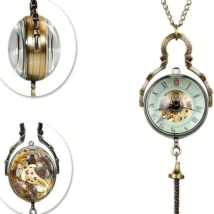 Jewelrywe Men Women Small Concave And Convex Mirror Fisheye Glass Ball Pocket Watch Windup Mechanical Pocket Watch Hand Winding Open Face Fob Watches