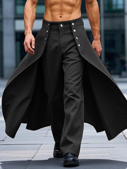 Men'S Trendy Layered Design Trousers with Faux Two-Piece Look, Featuring Metallic Buttons, Loose Fit, Lightweight, And Perfect for Casual Street Style.
