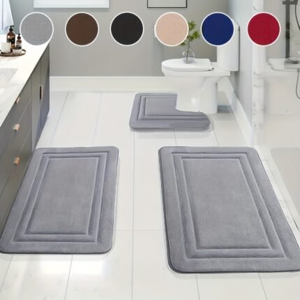 3pcs Soft Bath Mat Set, Non-Slip, Quick-Dry, Machine Washable, Polyester 100%, Handmade Knit Weave, Square Shape, Fade Resistant Bathroom Rug for Bedroom, Bathroom, Room Decor