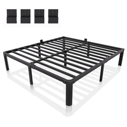 14 Inch Black Metal Bed Frame, King/Queen/Full/Twin Upgraded Rounded Fan-shaped Legs, 4 Mattress Limiters, 3500LBS Heavy-duty Steel Bars, No Need for Springs, No Noise, Reinforced Large Storage Space Below, Not Including Headboard, Easy to Assemble