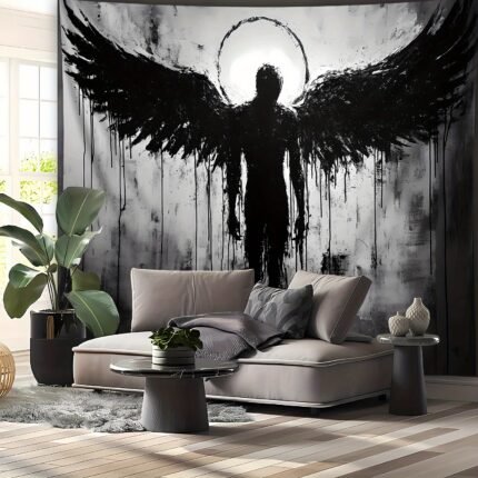 1pc Ultra Large Black Angel Landscape Tapestry - Premium Polyester HD Digital Print Wall Hanging with Hand-Stitched Edges, Wrinkle-Resistant Fabric & Free Hanging Clips for Living Room, Bedroom, Home Office Decor, Bedroom Accent, Artistic Interior, Soft Texture