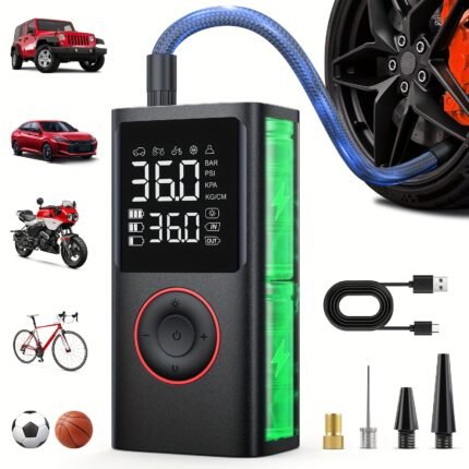 [Cordless Tire Inflator] Portable Tire Inflator - Cordless Air Compressor with Digital Gauge & LED Light, USB Rechargeable, 2X Fast Inflation for SUV, Cars, Bikes, Motorcycles & Sports Equipment And Ball